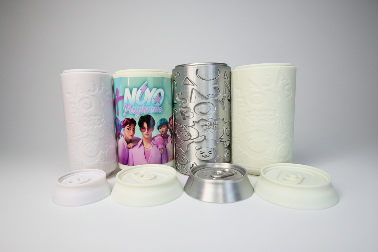 Set of cylindrical containers with lids on a white background