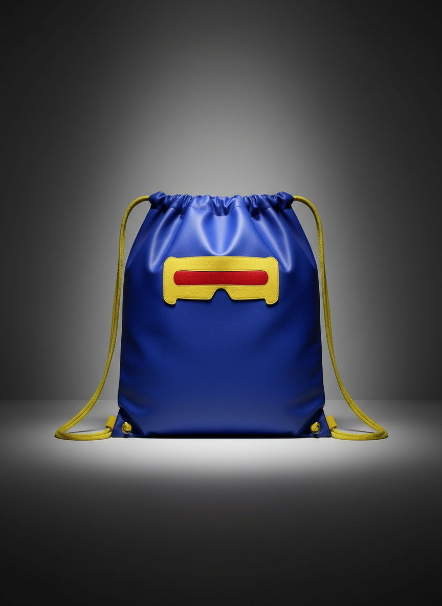 Blue drawstring bag with a red and yellow logo on a black background