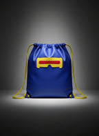 Blue drawstring bag with a red and yellow logo on a black background
