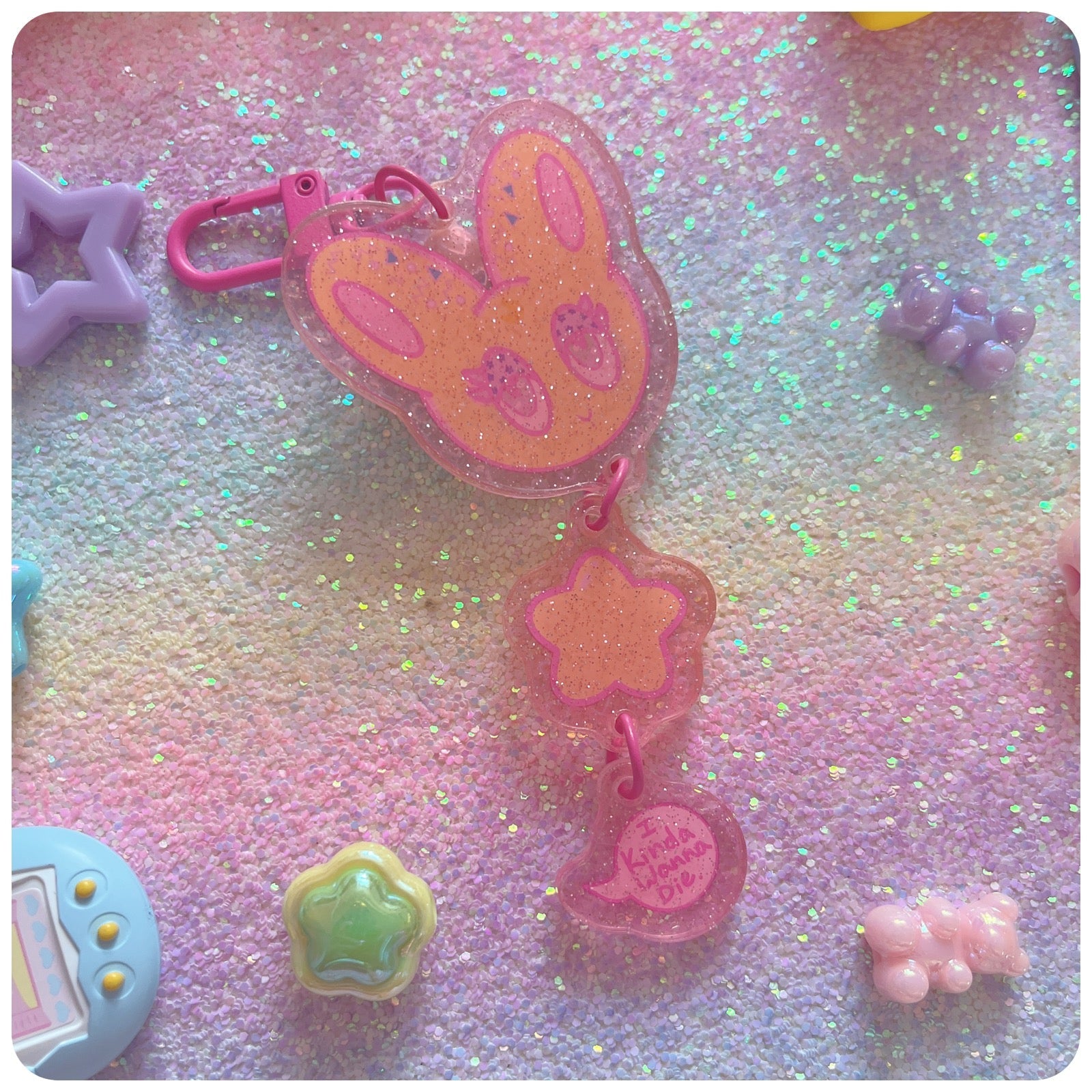 Sad Buns "Kinda Wanna Die" Pink Keychain - 3-Tier Glitter Acrylic