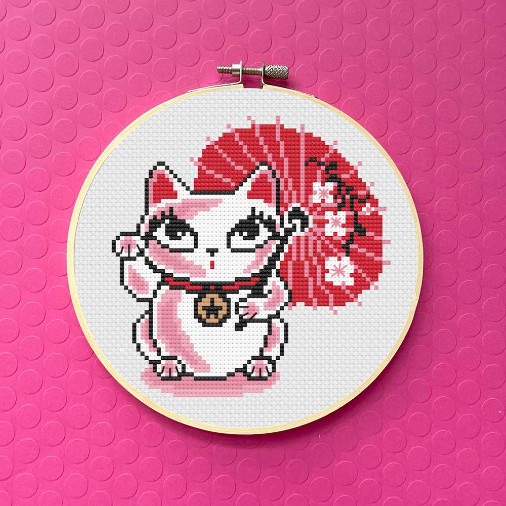 "Lucky Kitty" Counted Cross Stitch Kit - Miss Fluff Retro Art DIY