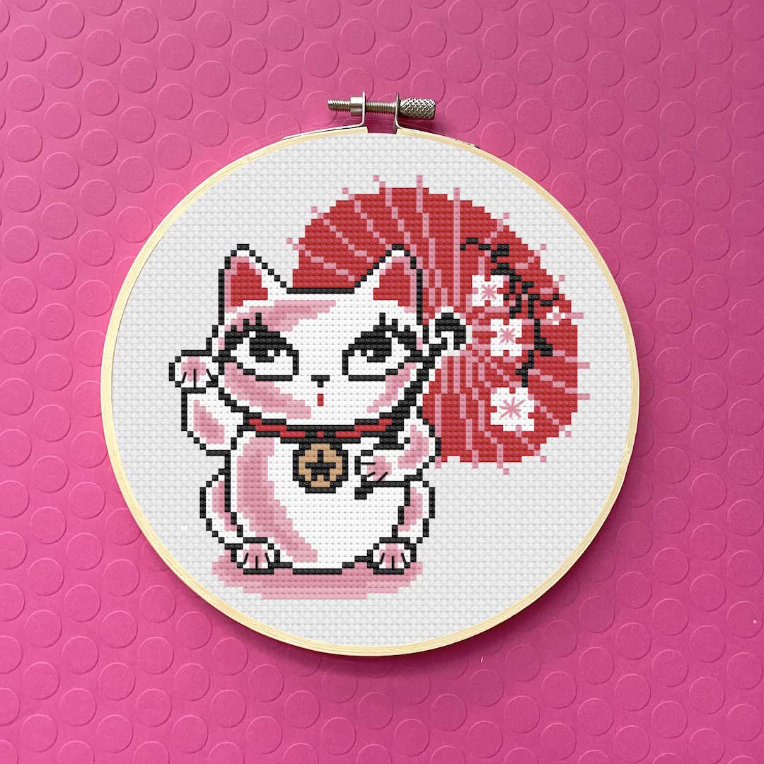 "Lucky Kitty" Counted Cross Stitch Kit - Miss Fluff Retro Art DIY