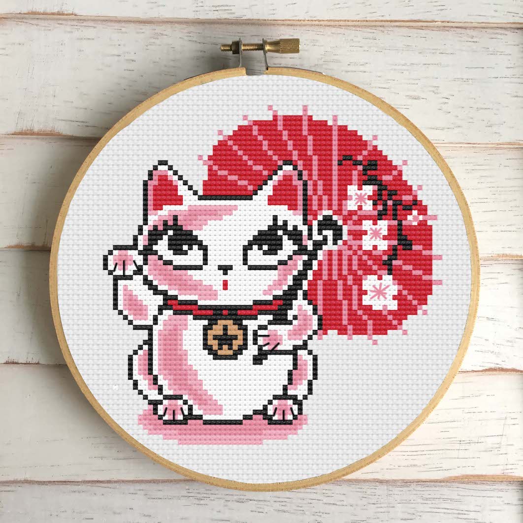 "Lucky Kitty" Counted Cross Stitch Kit - Miss Fluff Retro Art DIY