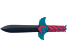 Toy sword with blue sheath and red hilt on a clear stand against a light blue background