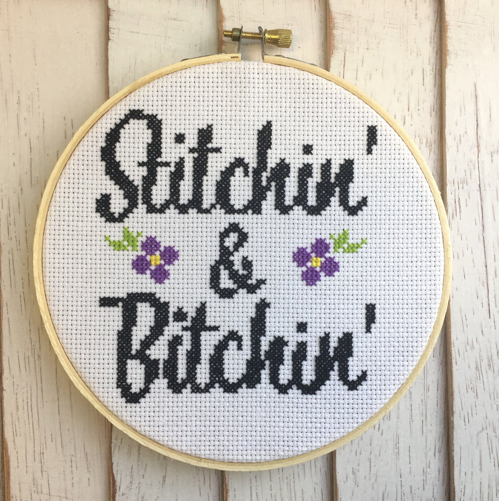 "Stitchin' & Bitchin'" Cross Stitch Kit - Floral + Foul Series DIY