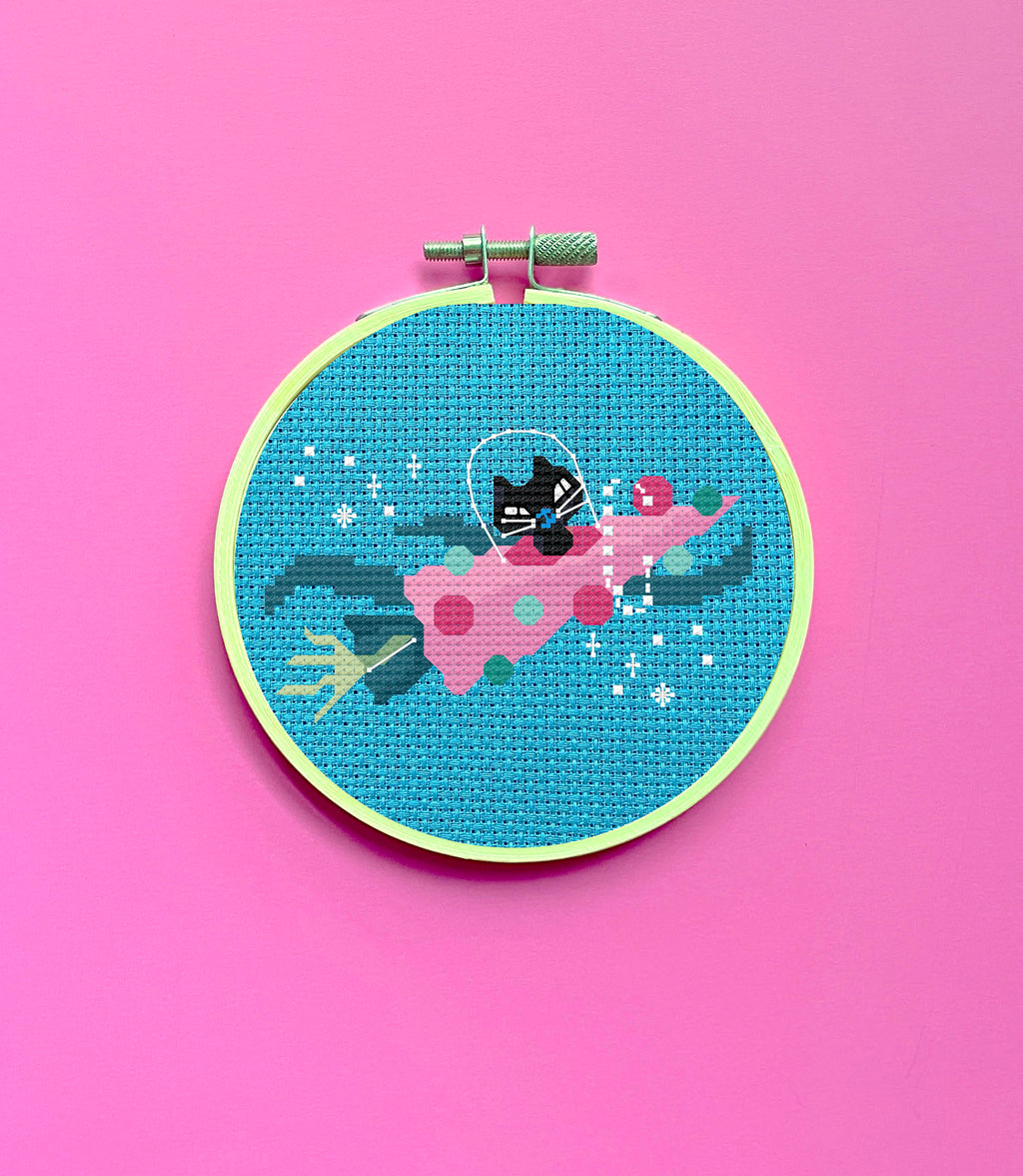 "Rocket Kitty" Counted Cross Stitch Kit - Miss Fluff Retro Art DIY