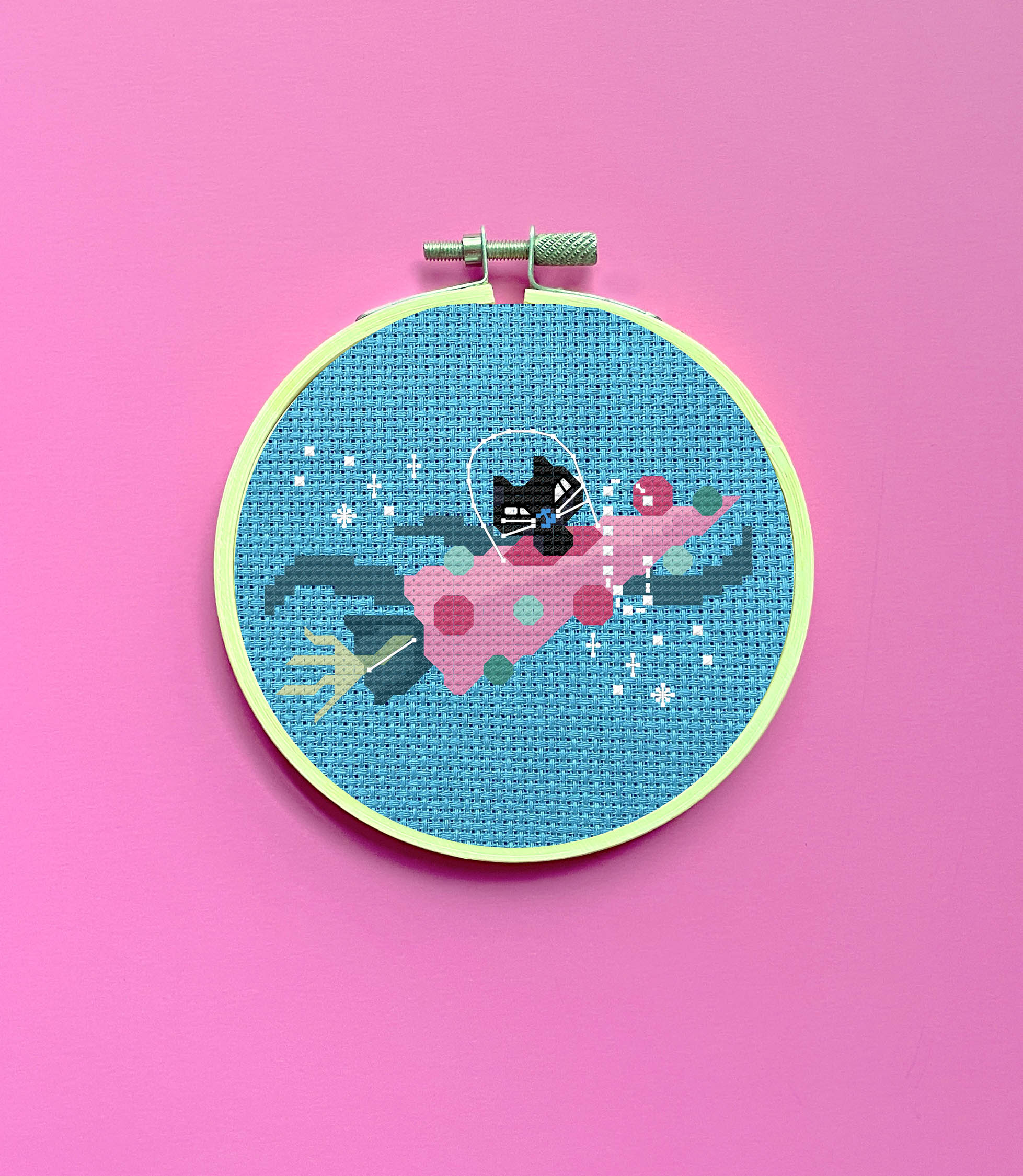 "Rocket Kitty" Counted Cross Stitch Kit - Miss Fluff Retro Art DIY