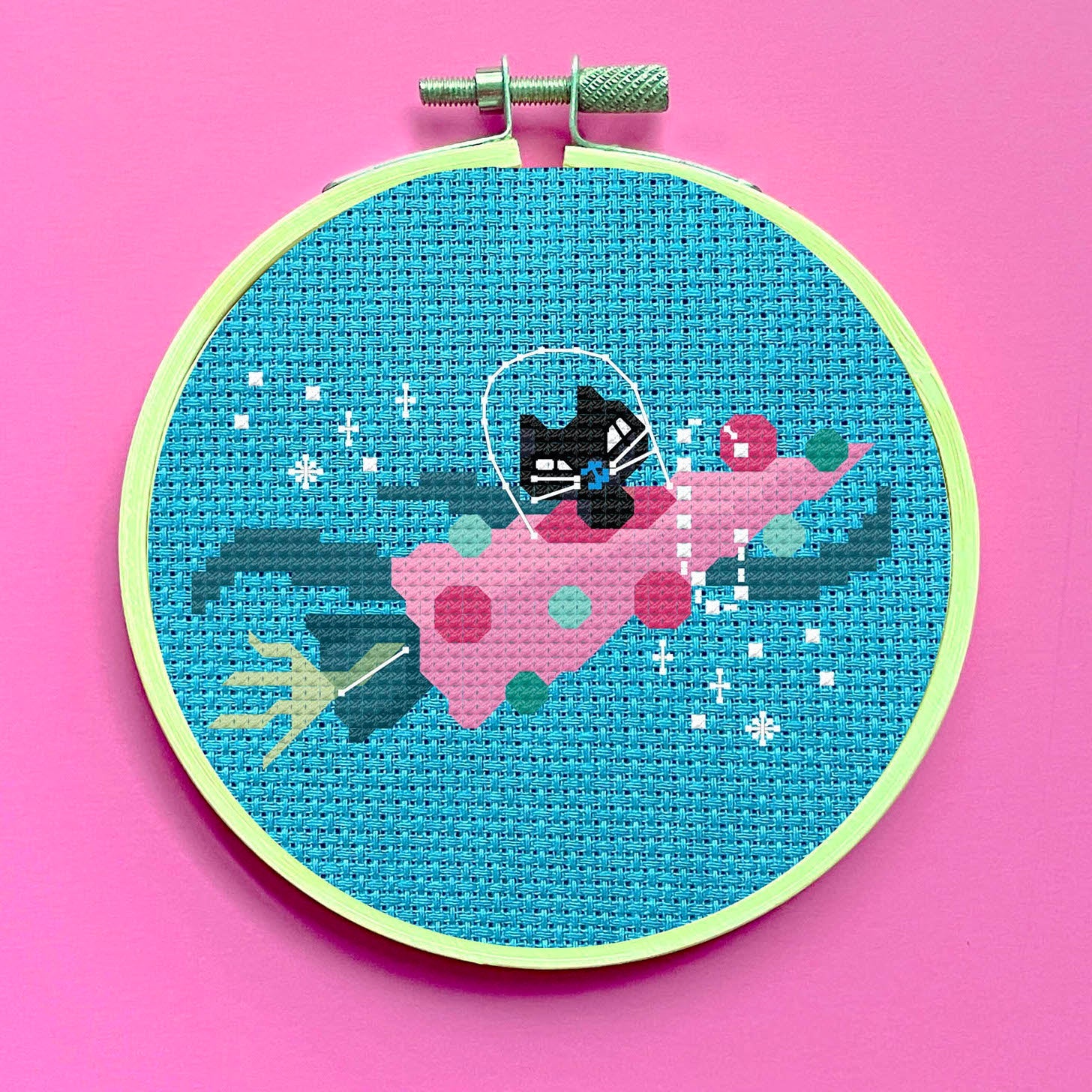 "Rocket Kitty" Counted Cross Stitch Kit - Miss Fluff Retro Art DIY