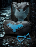 3D printed Nightwing chest armor emblem in blue," "Nightwing cosplay mask black." Nightwing drawstring bag" "Nightwing Loot box"
