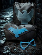 3D printed Nightwing chest armor emblem in blue," "Nightwing cosplay mask black." Nightwing drawstring bag" "Nightwing Loot box"