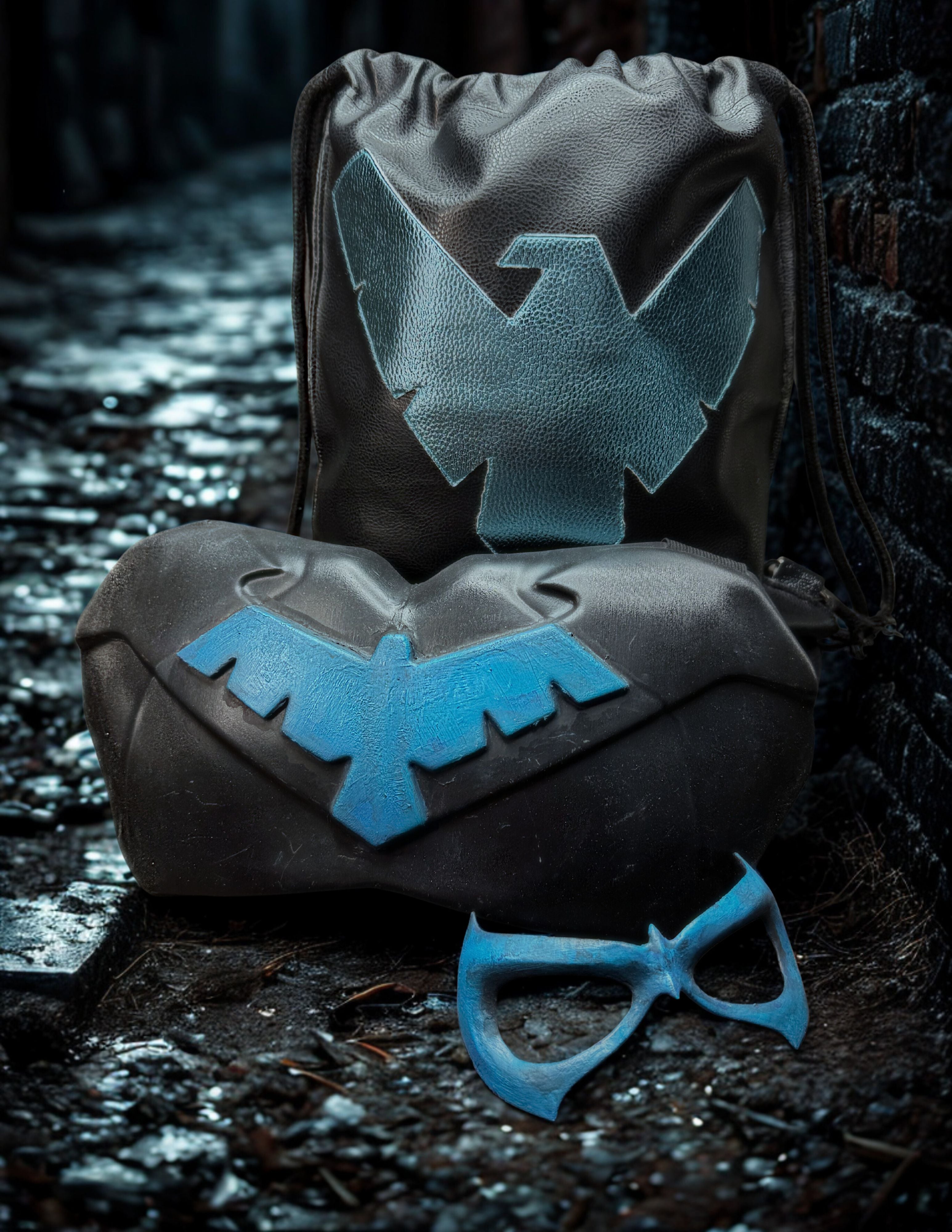 3D printed Nightwing chest armor emblem in blue," "Nightwing cosplay mask black." Nightwing drawstring bag" "Nightwing Loot box"