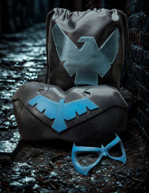 3D printed Nightwing chest armor emblem in blue," "Nightwing cosplay mask black." Nightwing drawstring bag" "Nightwing Loot box"