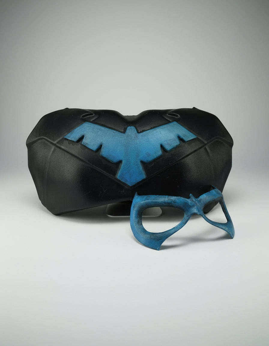 3D printed Nightwing chest armor emblem in blue," "Nightwing cosplay mask black." 