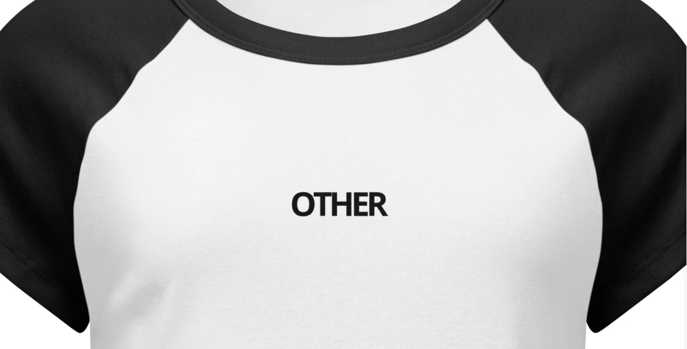 Black and white baseball shirt with 'OTHER' text on a white background