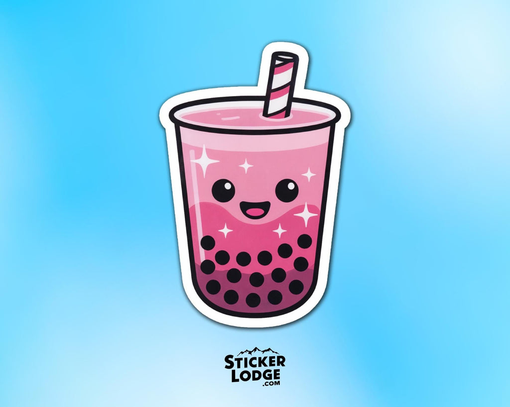 Pink Boba Tea Vinyl Sticker – Cute Happy Bubble Tea Kawaii Decal
