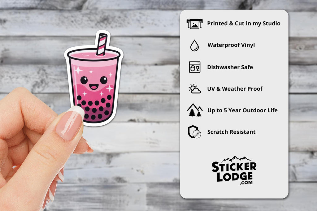Pink Boba Tea Vinyl Sticker – Cute Happy Bubble Tea Kawaii Decal