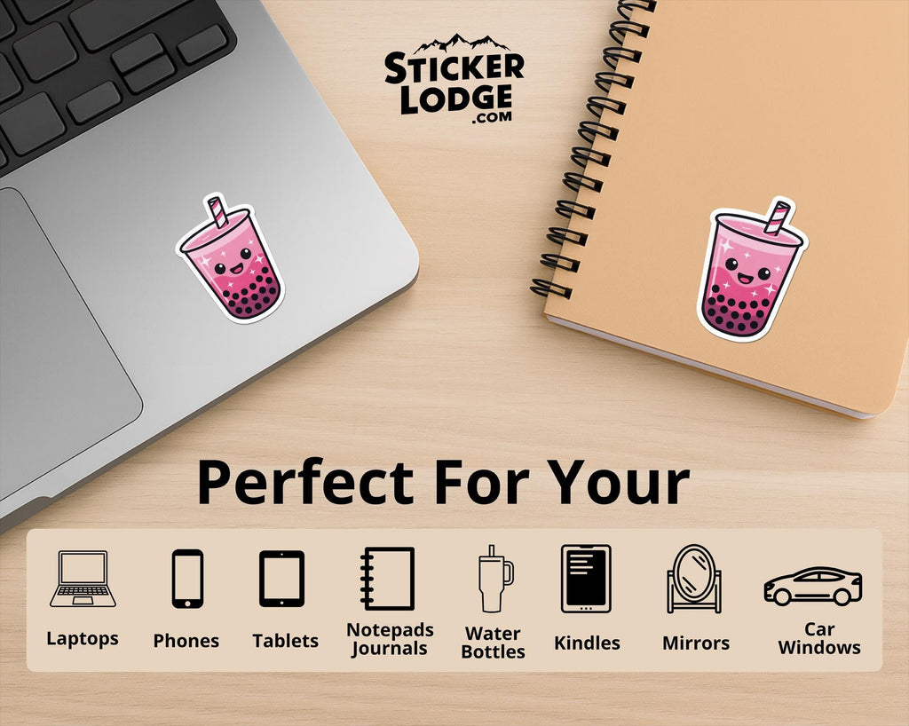 Pink Boba Tea Vinyl Sticker – Cute Happy Bubble Tea Kawaii Decal
