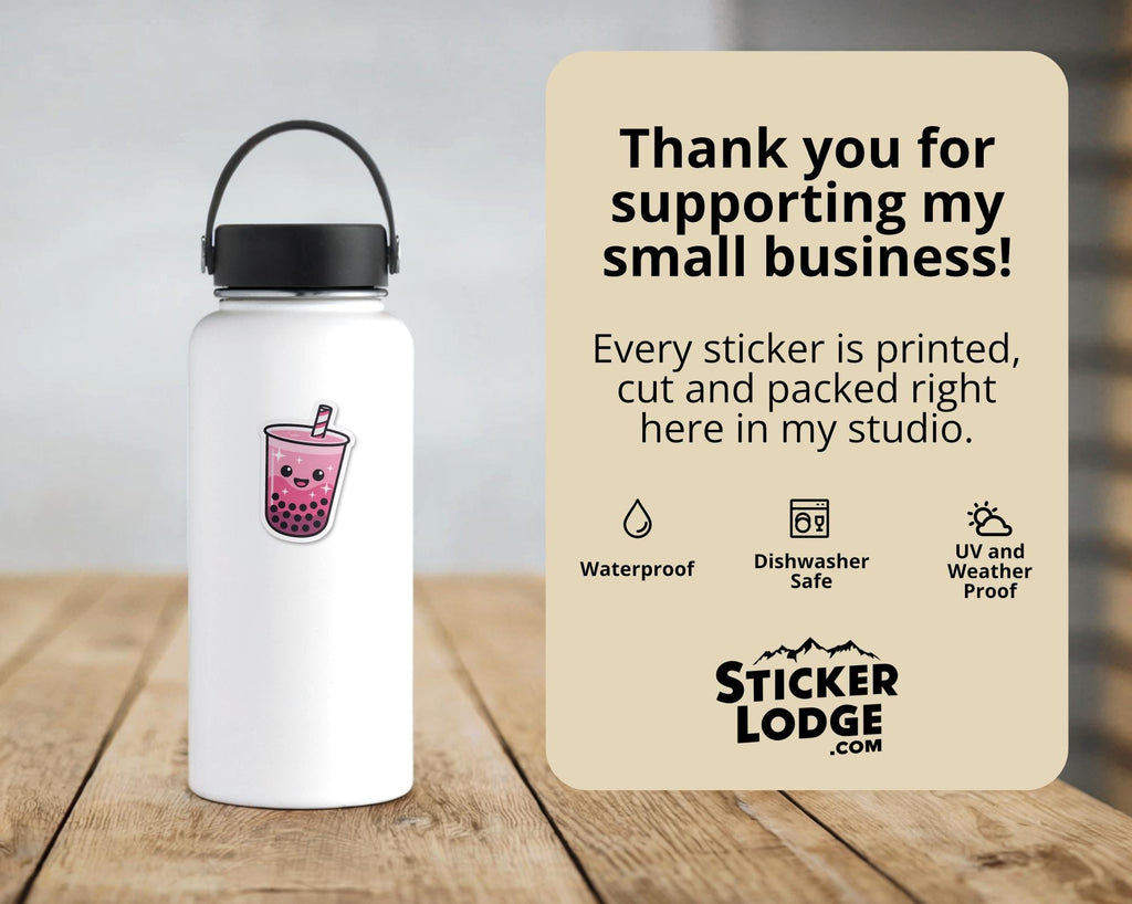 Pink Boba Tea Vinyl Sticker – Cute Happy Bubble Tea Kawaii Decal