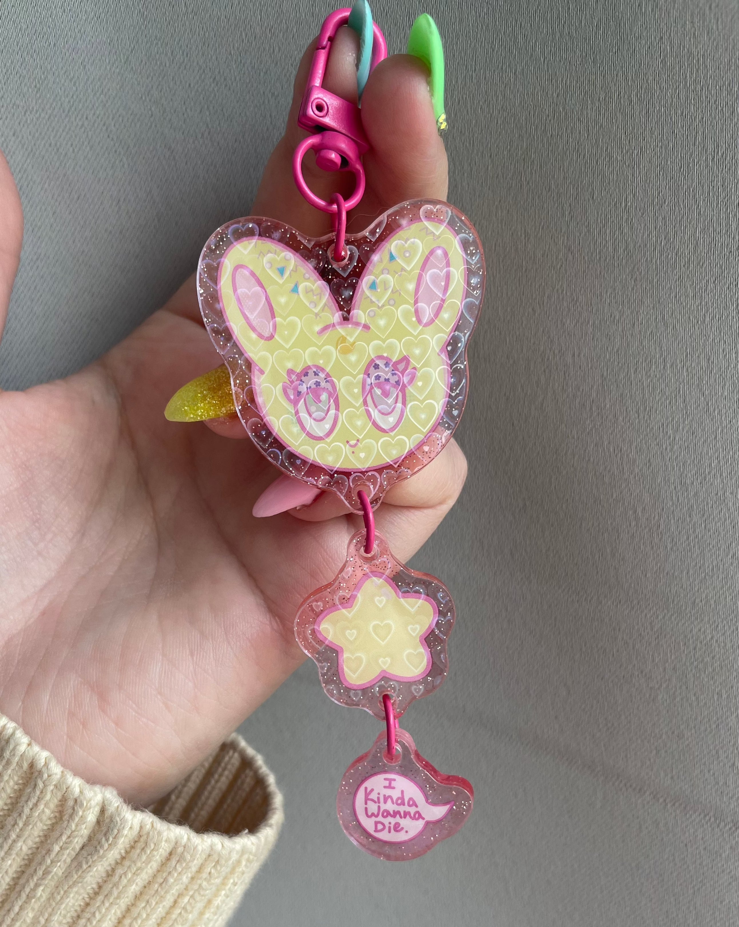 Sad Buns "Kinda Wanna Die" Pink Keychain - 3-Tier Glitter Acrylic