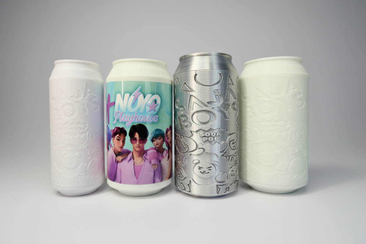 Four can-shaped products with different designs on a white background